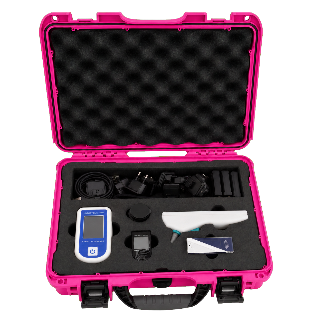 The open pink Euro Kit case seen straight on: Gluco-mini, Oxi, and Ear-T in the foam insert, with chargers, adapters, and batteries in their compartment